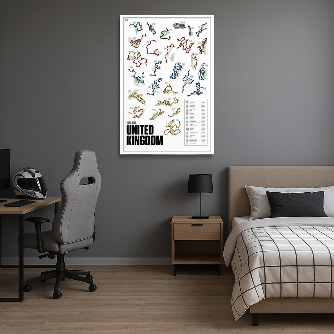 Room interior with a bed, desk, and chair, featuring an artwork of the 1995 RAC United Kingdom on the wall.