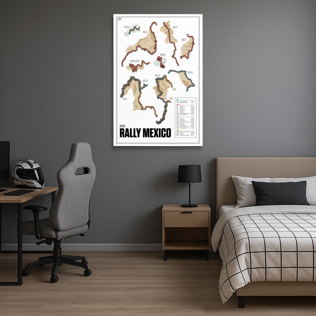 Room interior with a map of Rally Mexico on the wall, bed, desk, and chair.