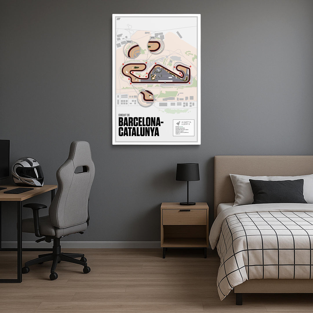 Modern bedroom with a bed, desk, chair, and an artwork of Circuit de Barcelona-Catalunya on the wall.