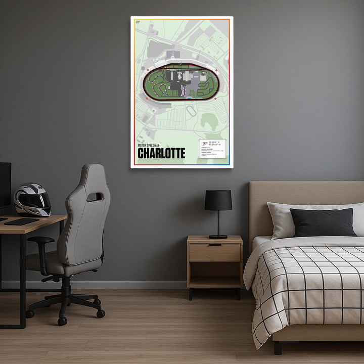 Room interior with a bed, desk, and chair, featuring a map of Charlotte Motor Speedway on the wall.