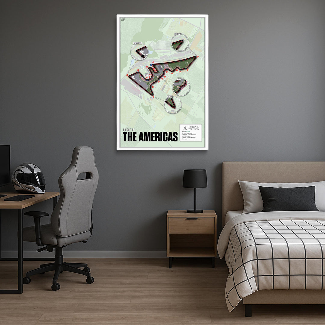 Modern bedroom with a bed, desk, and abstract map of Circuit of the Americas on the wall.