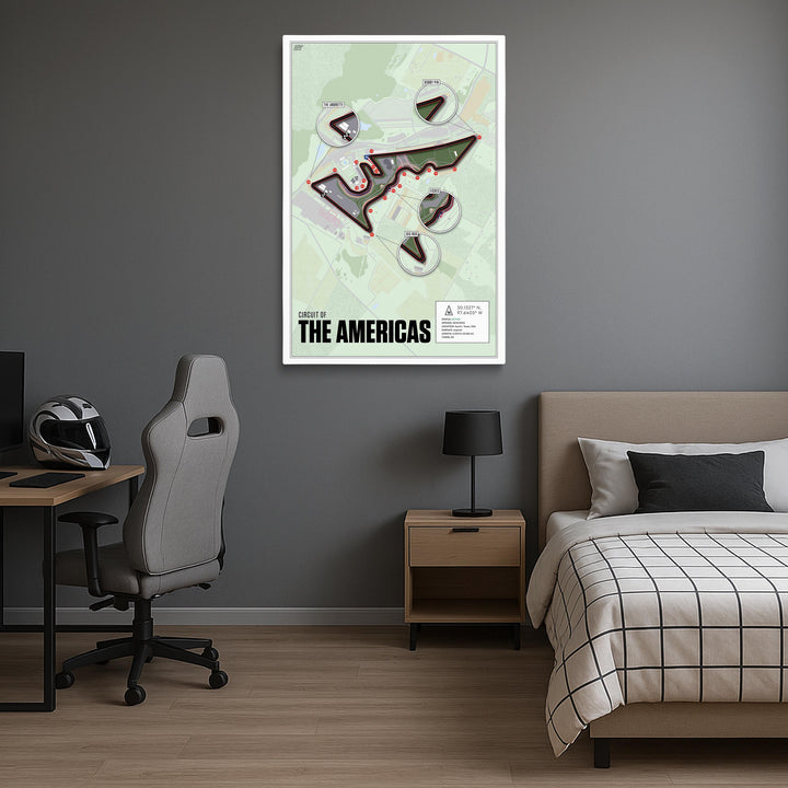 Modern bedroom with a bed, desk, and abstract map of Circuit of the Americas on the wall.