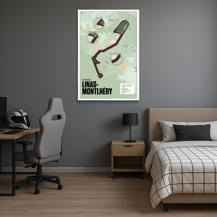 Modern bedroom with a map of Linas Montlhéry on the wall, bed, desk, and chair.