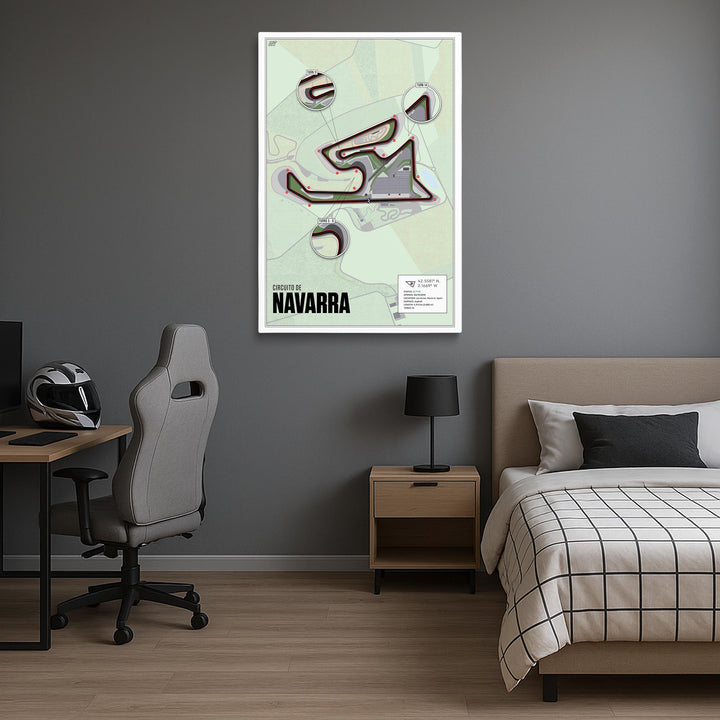 Modern bedroom with a bed, desk, and wall art of Navarra.