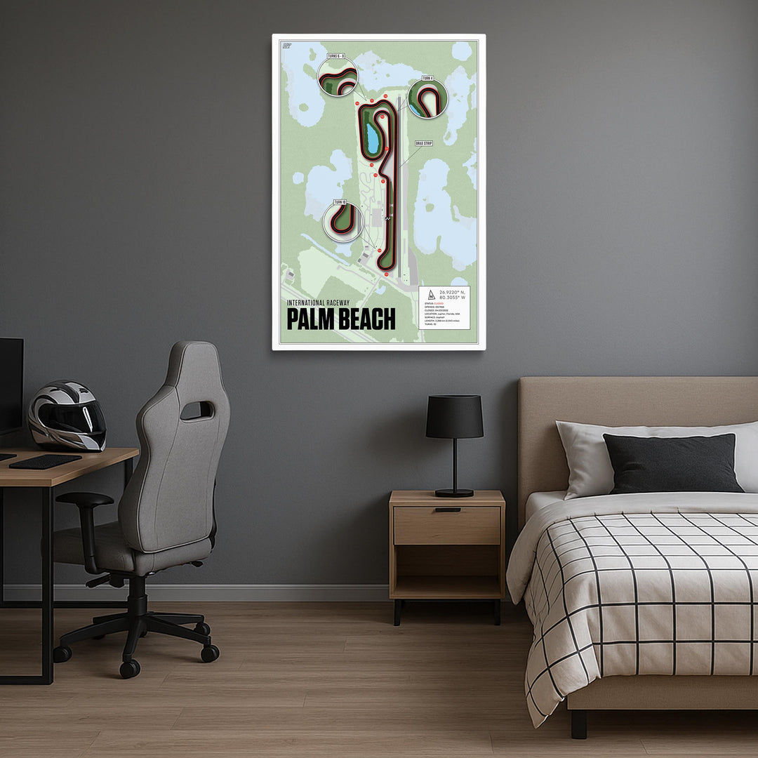 Modern bedroom with a bed, desk, and abstract map of Palm Beach on the wall.