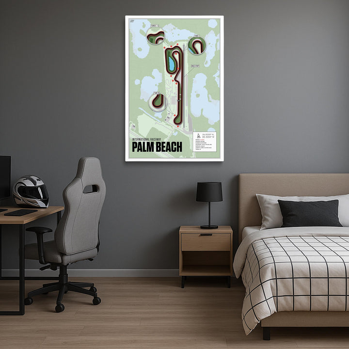 Modern bedroom with a bed, desk, and abstract map of Palm Beach on the wall.