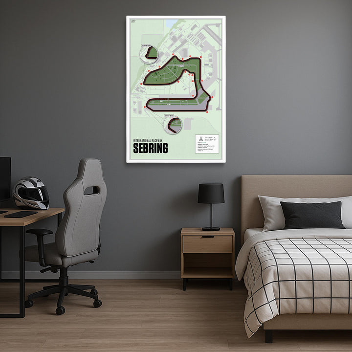 Room interior with a map of Sebring on the wall, desk, chair, and bed.
