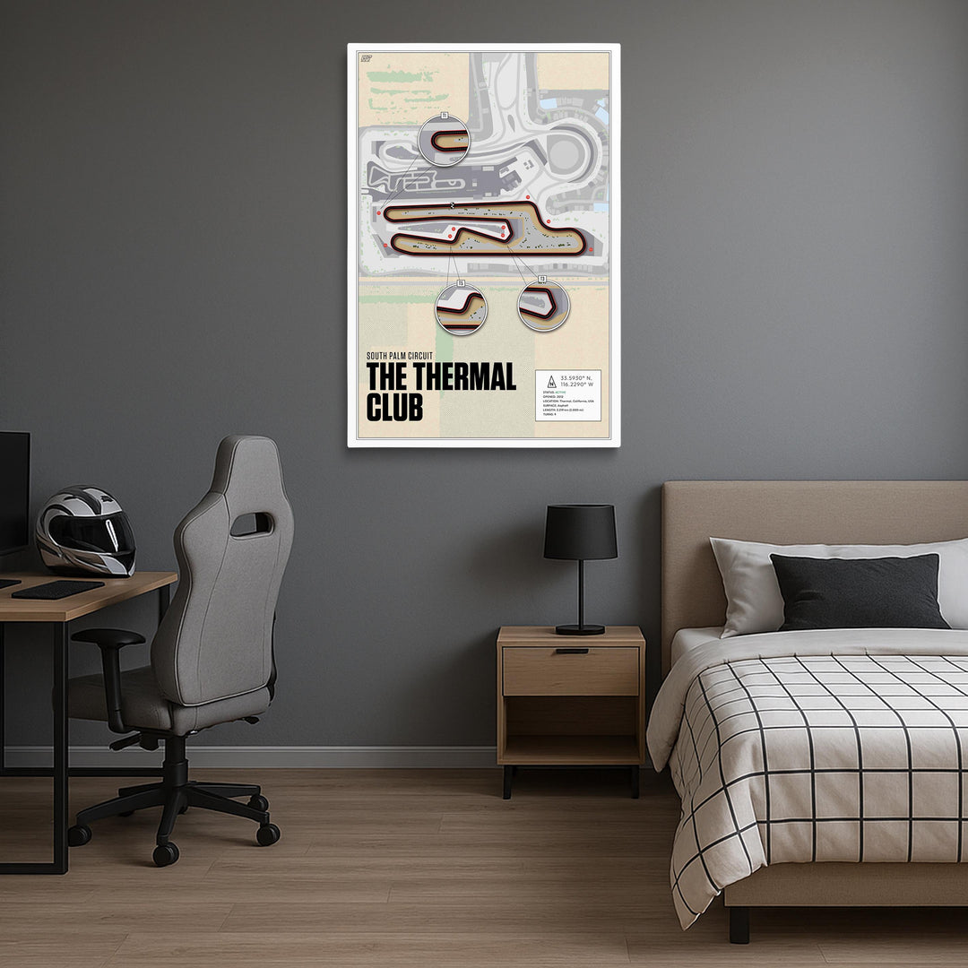 Modern bedroom with 'The Thermal Club' poster on the wall, bed, desk, and chair.