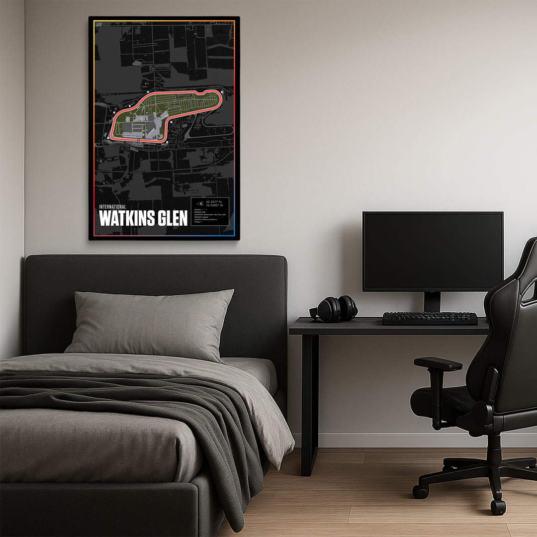 Modern bedroom with a bed, desk, and computer setup, featuring an artwork of Watkins Glen International Speedway on the wall.