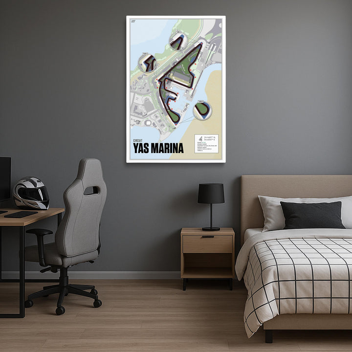 Modern bedroom with a map of Yas Marina on the wall